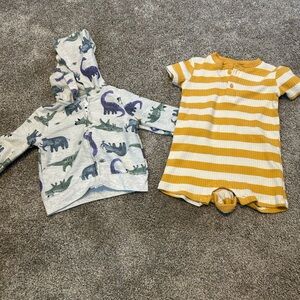 Carter's Gray Dinosaur Hoodie and Yellow Striped One Piece Set